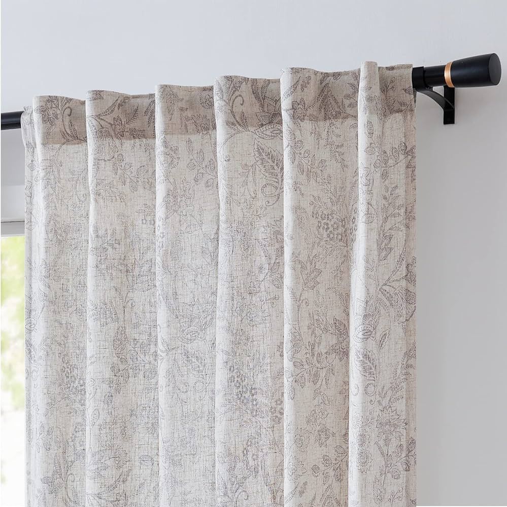 Lazzzy Linen Curtains Farmhouse Grey Floral Print Curtains 84 Inches Long Back Tab Drapes for Liv... | Amazon (US)