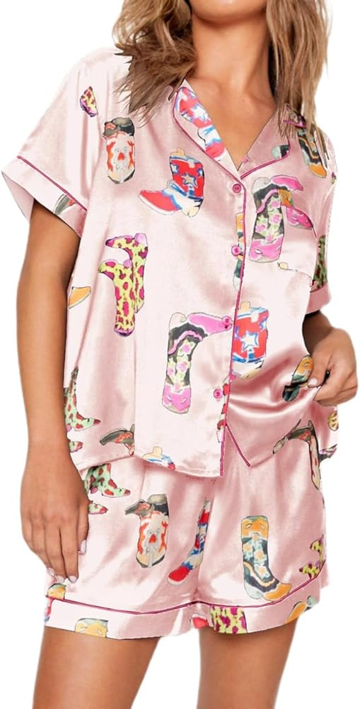 Cute Silk Satin Pajama Set Preppy Pjs Shorts Y2k Floral 2 Piece Pajamas Sets for Women Button Dow... | Amazon (US)
