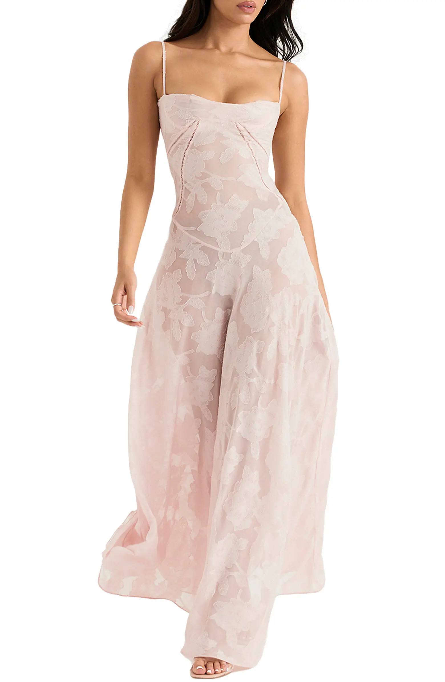HOUSE OF CB Seren Blush Sheer Lace-Up Back Gown | Nordstrom | Nordstrom