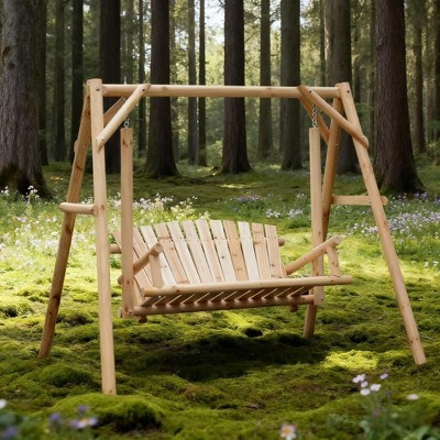 Whisen Patio 2-Seat Wood Porch Swing, Outdoor Swing Bench Double Outdoor Swing Chair with Armrests, Non-Slip - Natural | Target