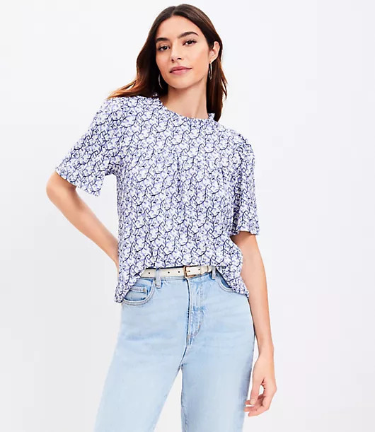 Loft Petite Leafed Textured Ruffle Neck Flutter Sleeve Top | LOFT