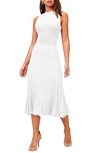 Pink Queen Pleated Dress for Women Crew Neck Sleeveless Bodycon Wedding Party Swing Knit Midi Dresses White M | Amazon (US)