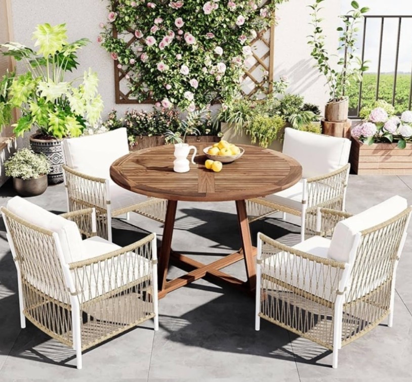 Prettiest patio set at Amazon for turning your backyard into an outdoor flower garden moment. 🌼 The acacia wood extendable round table, rattan arm chairs, cushions, and pillows give it that warm european patio look without feeling overdone. Perfect for warm espresso mornings, balcony styling, garden lunches, poolside hosting, or slow summer evenings outside. 

Add this to your cart now if your patio needs the kind of upgrade that makes you want to eat every meal outdoors. ☀️🌿🪿

#LTKSeasonal #LTKHome #LTKfoodie