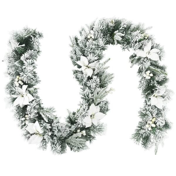 Costway 9ft Pre-lit Snowy Christmas Garland w/ Berries Poinsettia - White - See Details | Bed Bath & Beyond