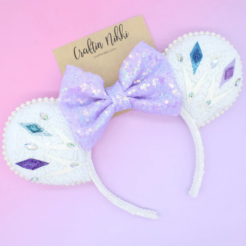 White Ice Queen Diamond Elements Mouse Ears | Purple & White Sequin bow and headband | Princess C... | Etsy (US)