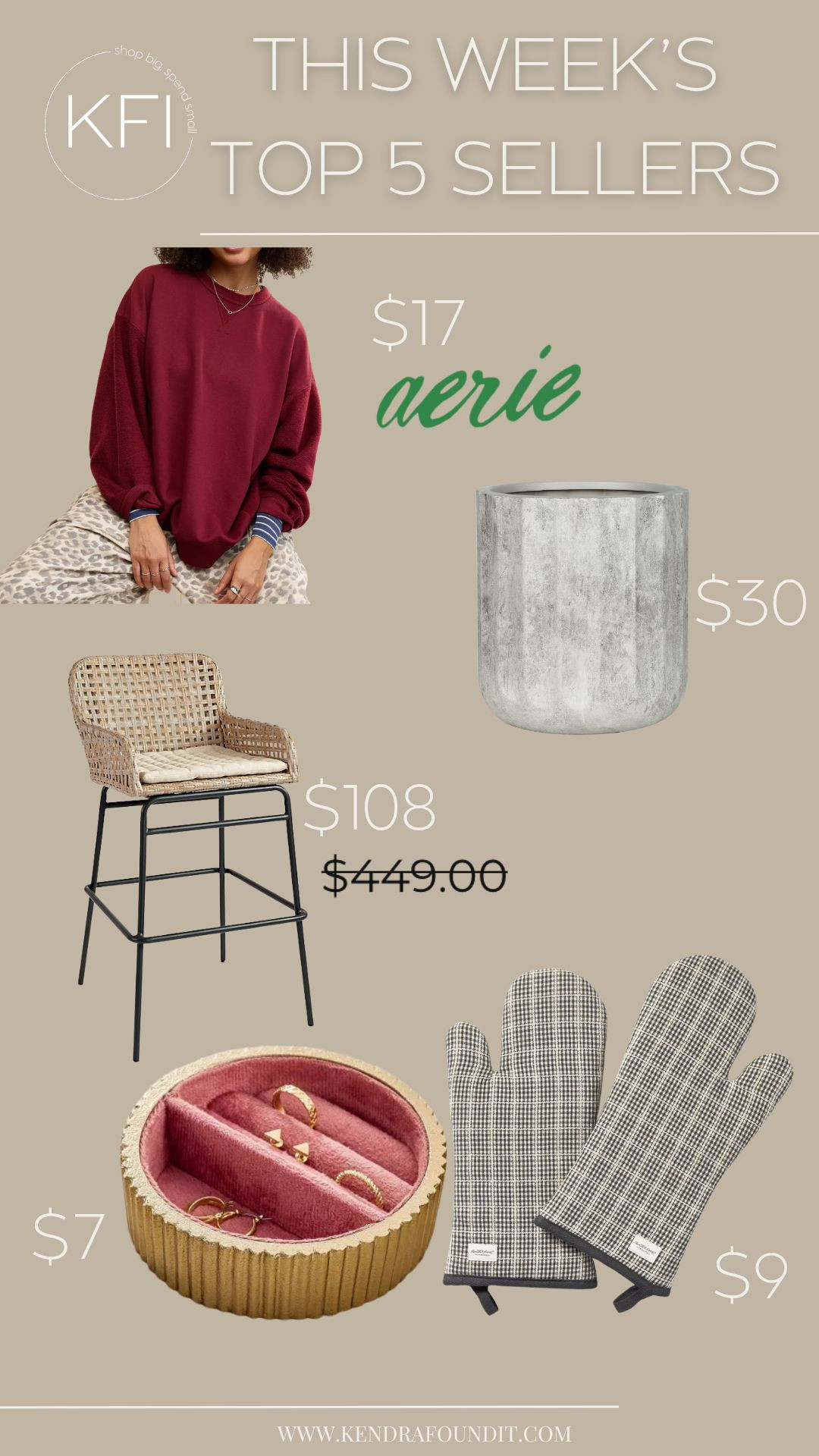This week’s top sellers are GOOD 👏🏼 and a few of them are on major sale. An Aerie sweatshirt for just $17 (my fave!). That oversized concrete-look planter is from Walmart and it’s a great size — the kind of statement piece that instantly makes your patio or entry feel designer without the designer price tag (under $30!). The woven counter stools are on MAJOR clearance right now — they were $449 and are marked down to $108, which is honestly wild for that Serena & Lily–inspired look. The little fluted ring holder is Hearth & Hand at Target and just $7 (so cute on a nightstand or bathroom counter), and the Hearth & Hand oven mitts are also on sale this weekend only — such a good neutral kitchen refresh for $9. Everything is affordable, elevated, and going fast. Linked it all here. 

 

#LTKootd #LTKHome #LTKSaleAlert