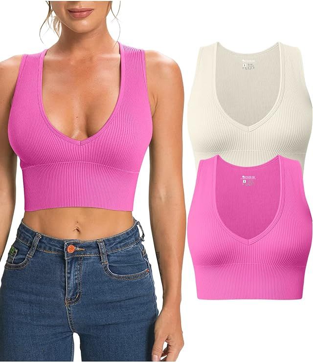 OQQ Women's 2 Piece Tank Tops Ribbed Sleeveless Sexy Deep V Neck Removable Cups Yoga Crop Tops | Amazon (US)