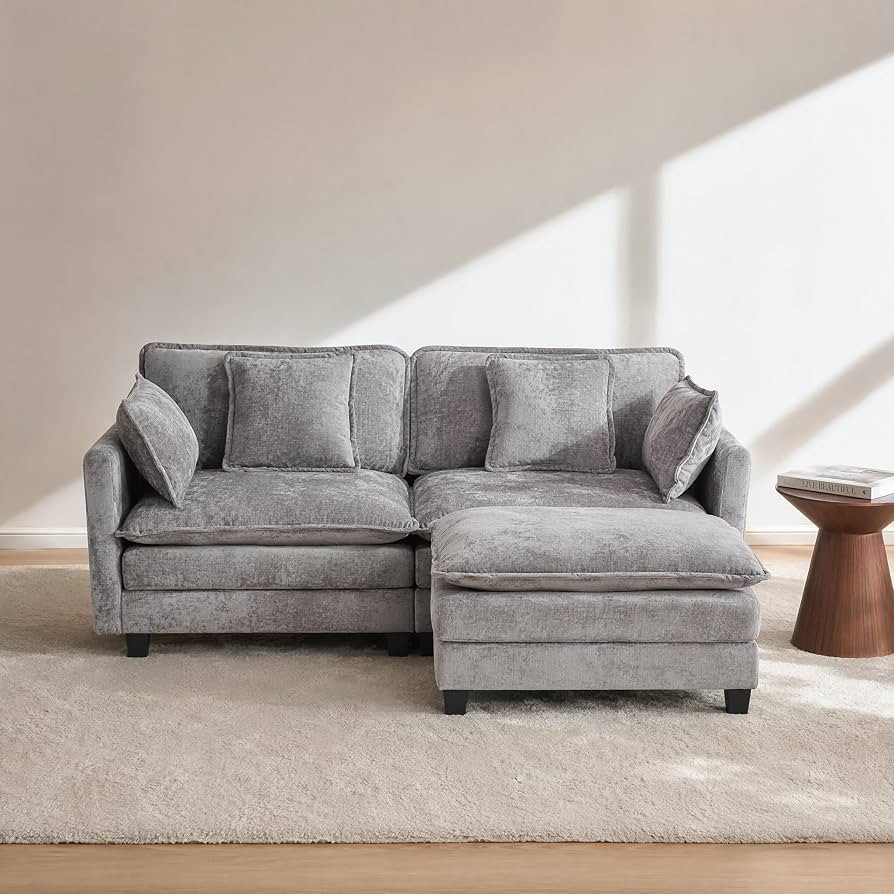 L-Shaped Sectional Sofa with Ottoman, 2-Seater Cloud Couch, Gray | Amazon (US)