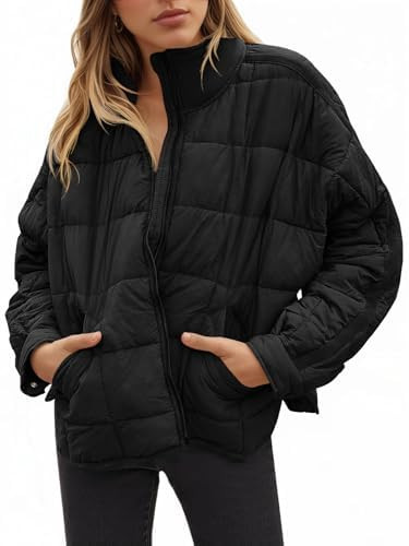 Aiopr Women's Oversized Lightweight Down Coat Long Sleeve Zip Packable Short Puffer Jackets | Amazon (US)