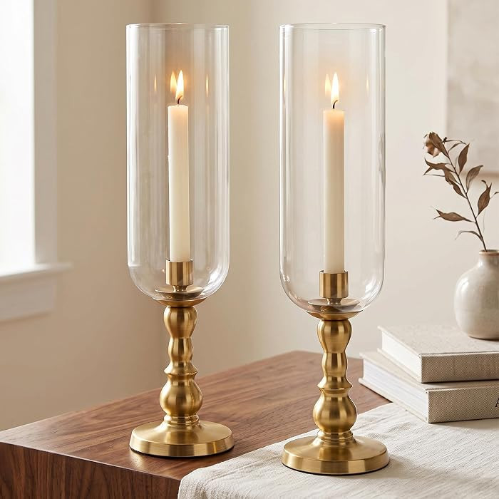 2 Pack Glass Hurricane Candle Holders, Brass Finish Taper Candlesticks | Amazon (US)