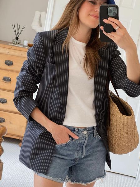 Navy striped blazer for the win! Paired it with an Abercrombie plain white tee and JCrew straw bag.