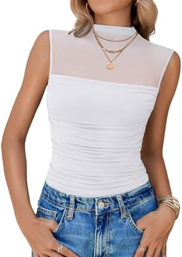 Avidlove Women's Mock Neck Mesh Bodysuit Ruched Tank Body Suits Sheer One Piece Classy Outfits Go... | Amazon (CA)