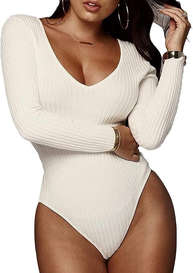 Feditch Women's Sexy One Shoulder Long Sleeve Pleated Slim Bottoming Bodysuit Jumpsuits | Amazon (US)