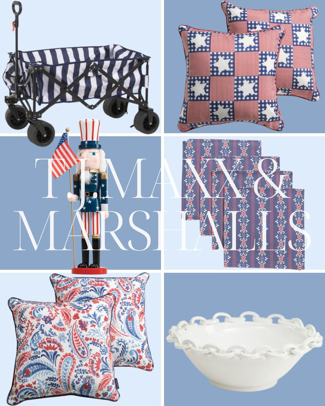 Americana at T.J. Maxx!

living room | bathroom | bedroom | home decor | home refresh | bedding | nursery | classic home | traditional home | blue and white | furniture | coffee table | southern home | coastal home | grandmillennial home | scalloped | woven | rattan | classic style | preppy style | grandmillennial decor | blue and white decor | classic home decor | traditional home | bedroom decor | bedroom furniture | dresser | blue chair | brass lamp | floor mirror | euro pillow | white bed | linen duvet | side table | rug | glassware | cups | plates | hosting | kitchen spring | sale picks | outdoor furniture | porch | beach | Lillian August | Karma Home | Ballard Designs 

 #LTKSeasonal #LTKHome