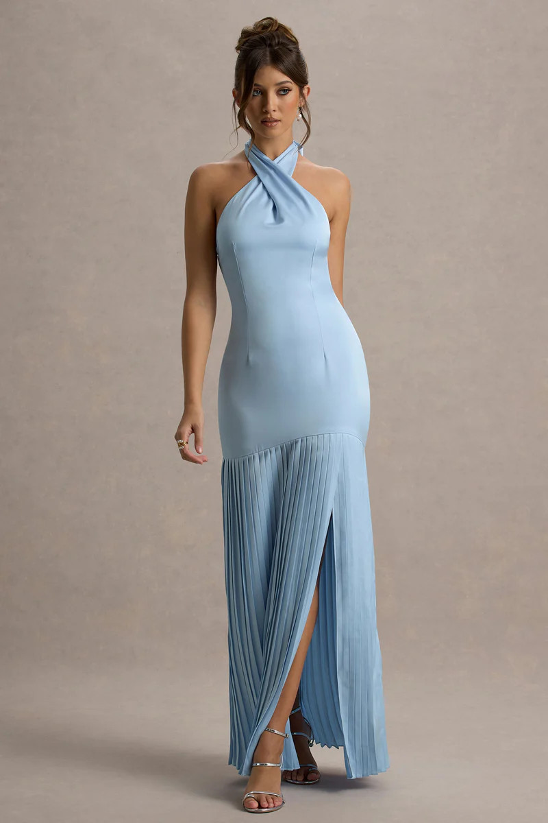 Sansa  Powder Blue Satin Cross Halter-Neck Plisse Maxi Dress | Club L London