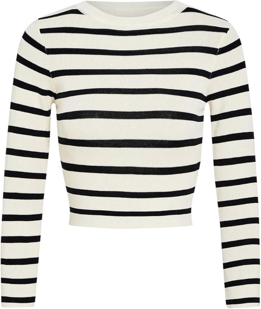 Milumia Women's Striped Long Sleeve Crop Top Ribbed Knit Crewneck Fitted Casual Tee Tops | Amazon (US)