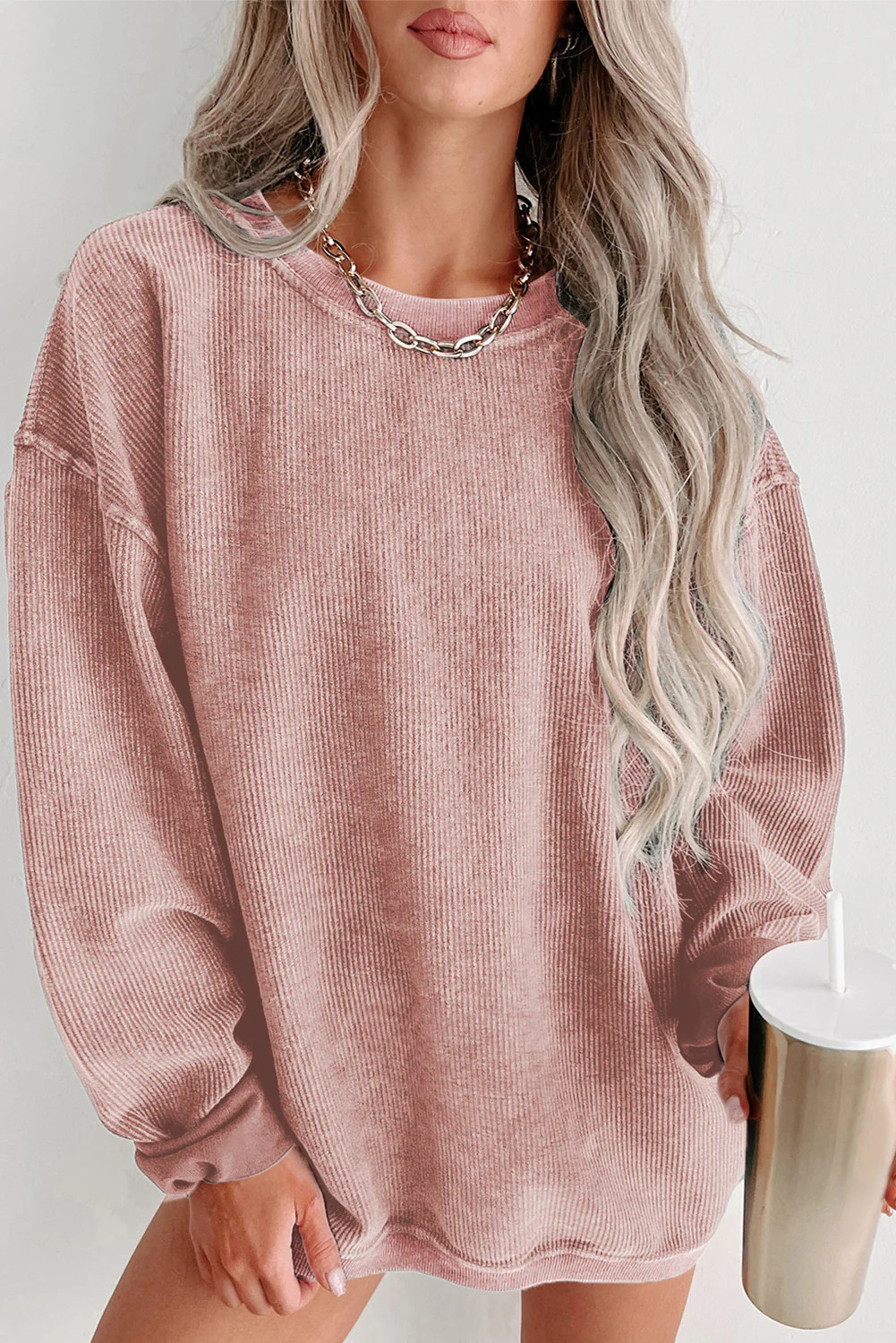 Faith Solid Ribbed Knit Round Neck Pullover Sweatshirt | Threaded Pear