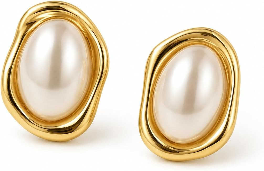 Gold Pearl Earrings for Women,Irregular Oval Pearl shaped, Hypoallergenic 925 SterlingSilver Post... | Amazon (US)