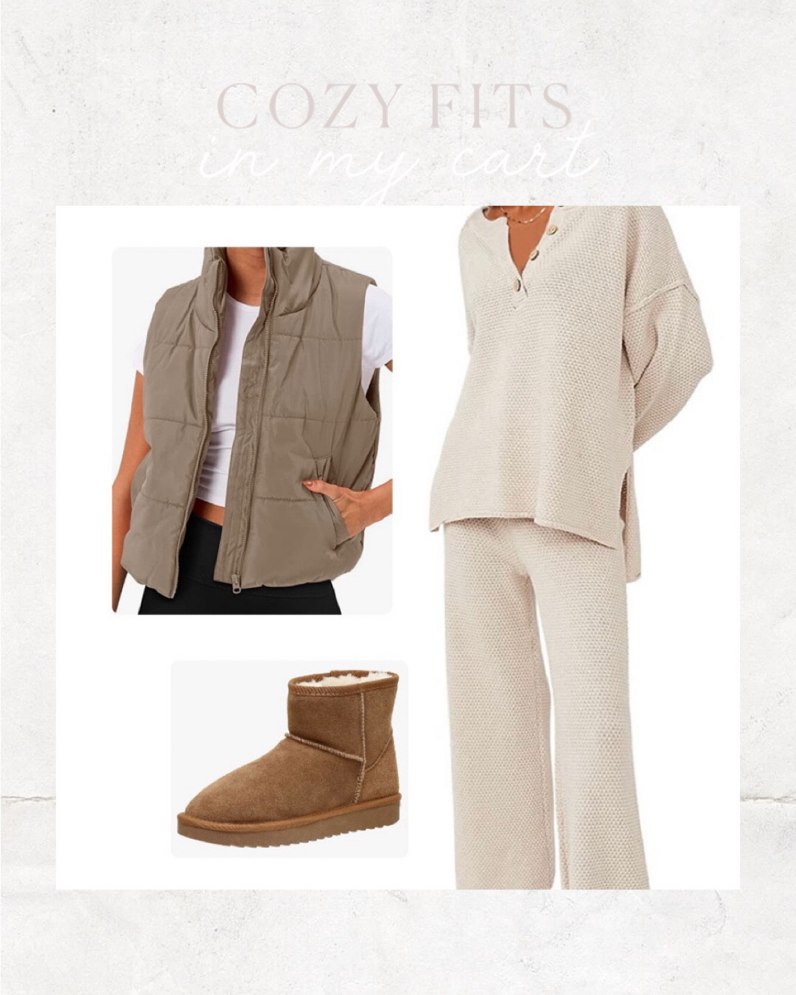 cozy fits in my cart☁️🤎✨ #uggs #uggdupes #amazonfashion  #puffervest #loungewear #loungeset #twopieceset #cozyknit #sweater #LTKfashion #womensfashion #affordablefashion 

#LTKSeasonal