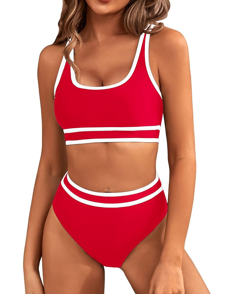 BMJL Women's High Waisted Bikini Sets Sporty Two Piece Swimsuits Color Block Cheeky High Cut Bath... | Amazon (US)