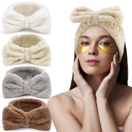 AHONEY 4 Pack Skin Care Facewash Headbands Women Girls Microfiber Spa Elastic Towel Facial Makeup Headbands for Washing Face (Bow) | Amazon (US)