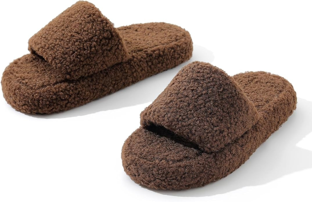 Parlovable Fuzzy Slippers for Women Open Toe Curly Fur Fluffy House Shoes Memory Foam Thick Sole ... | Amazon (US)
