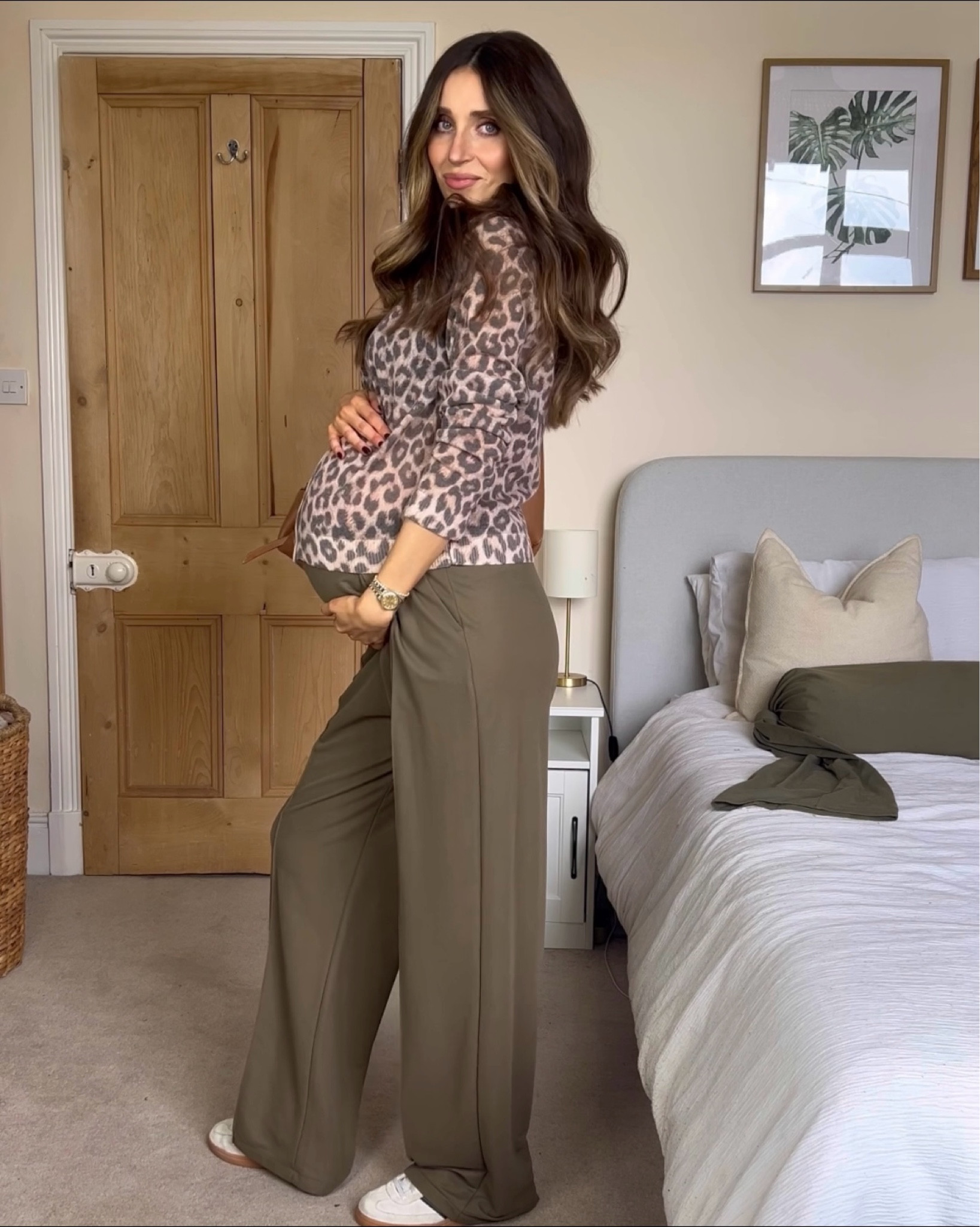 Bump friendly comfy autumn outfit 🍂 Leopard print cardigan, khaki wide leg trousers, adidas trainers, tan bag 🍂 Maternity outfit, pregnancy outfit 🤰🏻 

#LTKuk #LTKautumn #LTKmaternity