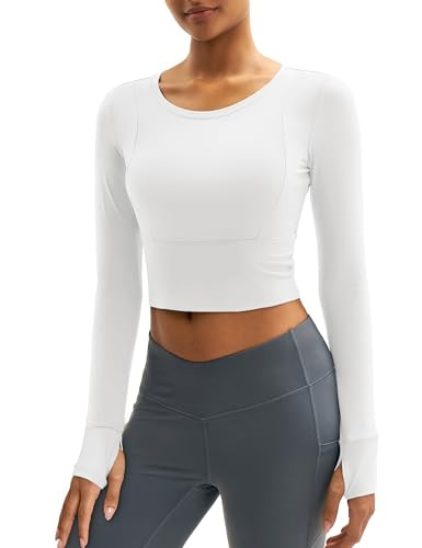 MAGCOMSEN Womens Long Sleeve Tops Athletic Gym Yoga Shirt Basic Workout Running Fall Cropped Top Slim Fit White XL | Amazon (US)