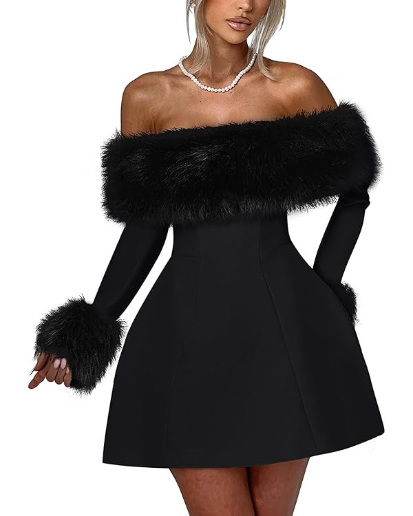 YMDUCH Women's Off Shoulder Long Sleeve Fur Trim A-Line Party Club Mini Dress | Amazon (US)