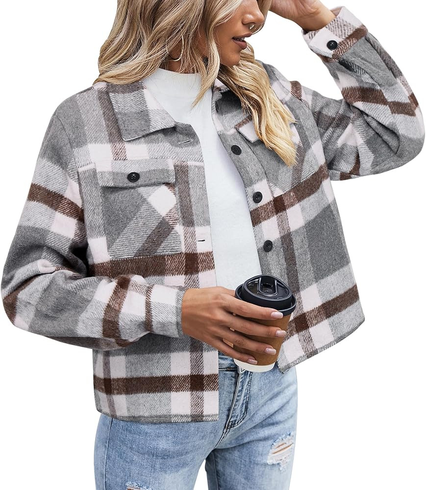 Zeagoo Flannels for Women Cropped Shacket Jacket Fashion Plaid Button Down Shirt 2025 Fall Coat T... | Amazon (US)