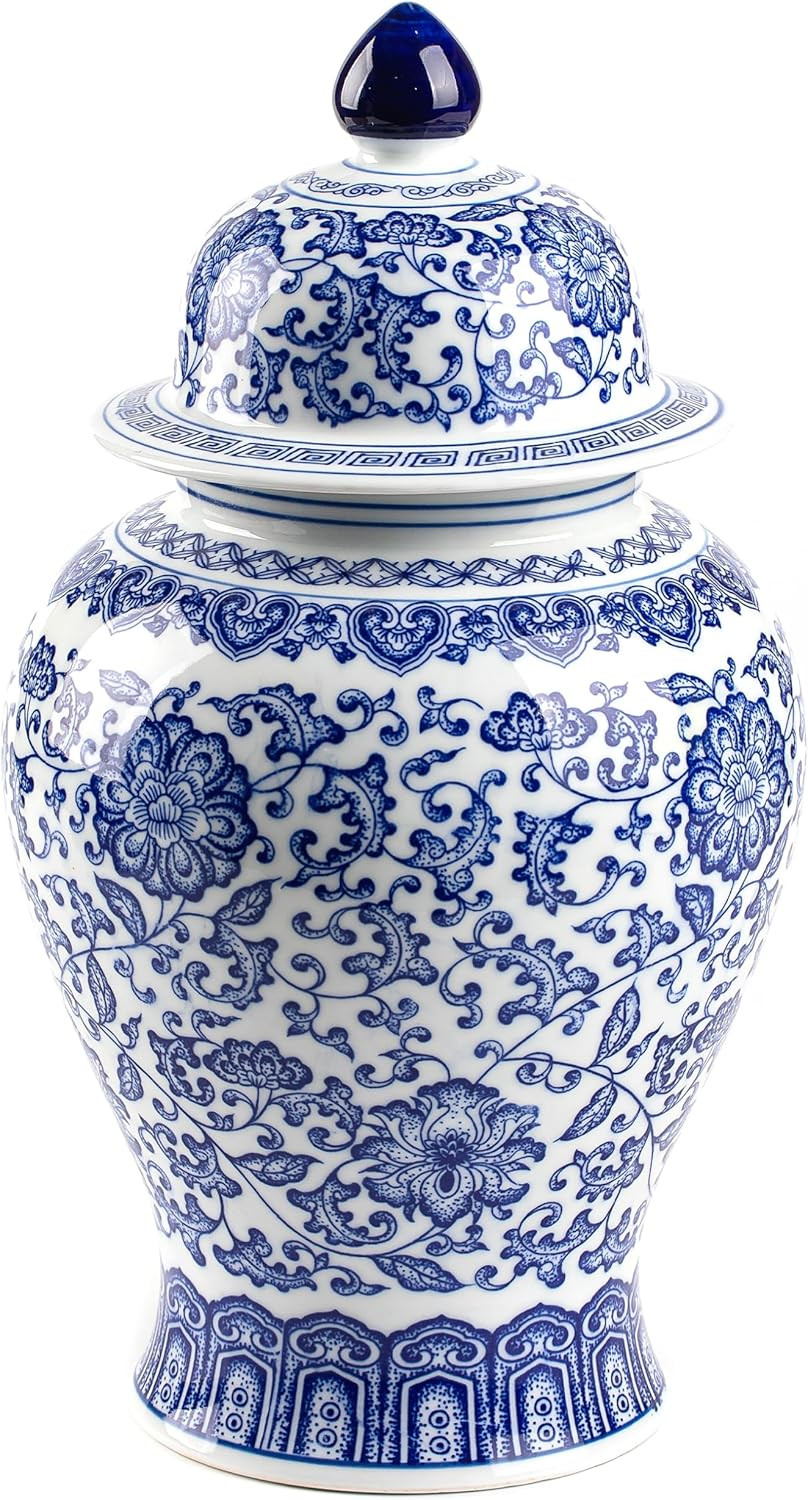 Blue and White Ginger Jar, Ceramic Chinoiserie Decorative Jars for Home, Office, Flower Vase Pocelain, Glossy Vase for Table, Living Room, Bookshelf, Mantle Fireplace, Centerpieces,15" H | Amazon (US)