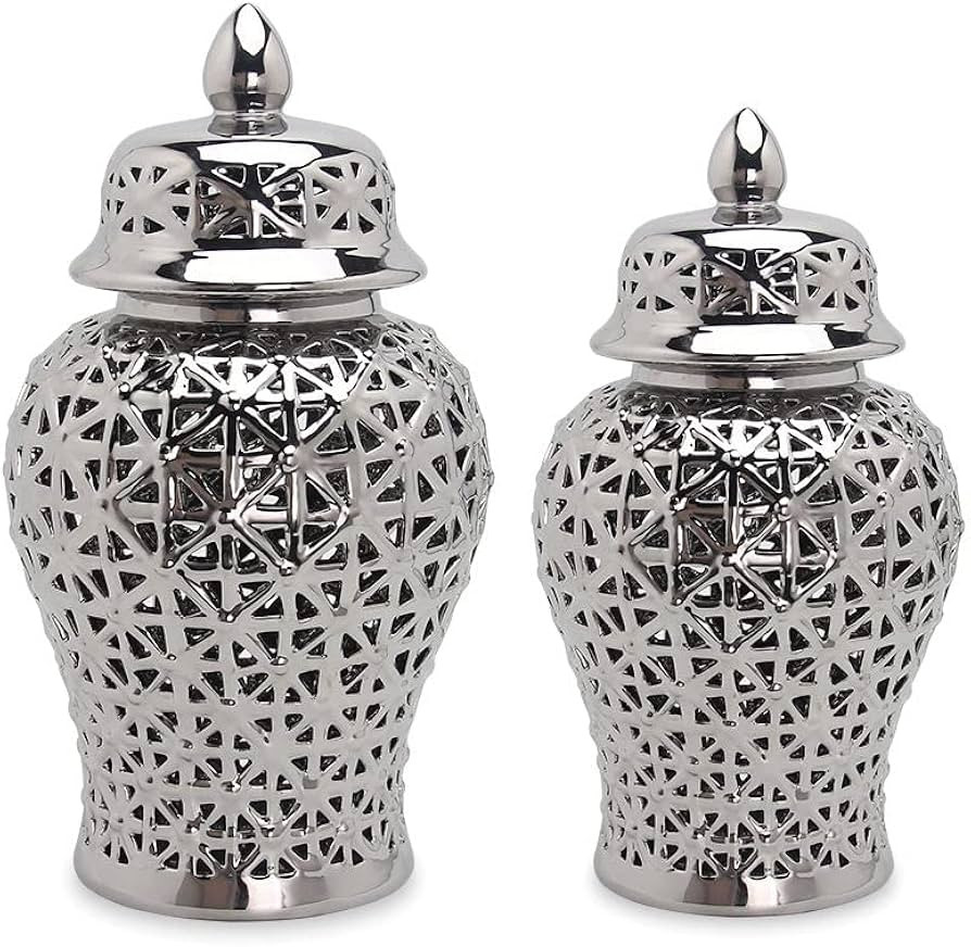 ASPIRE DESIGNS Silver Ginger Jar VASE with Lid / Ceramic VASE or Flower vase for Home Decor (Medi... | Amazon (US)