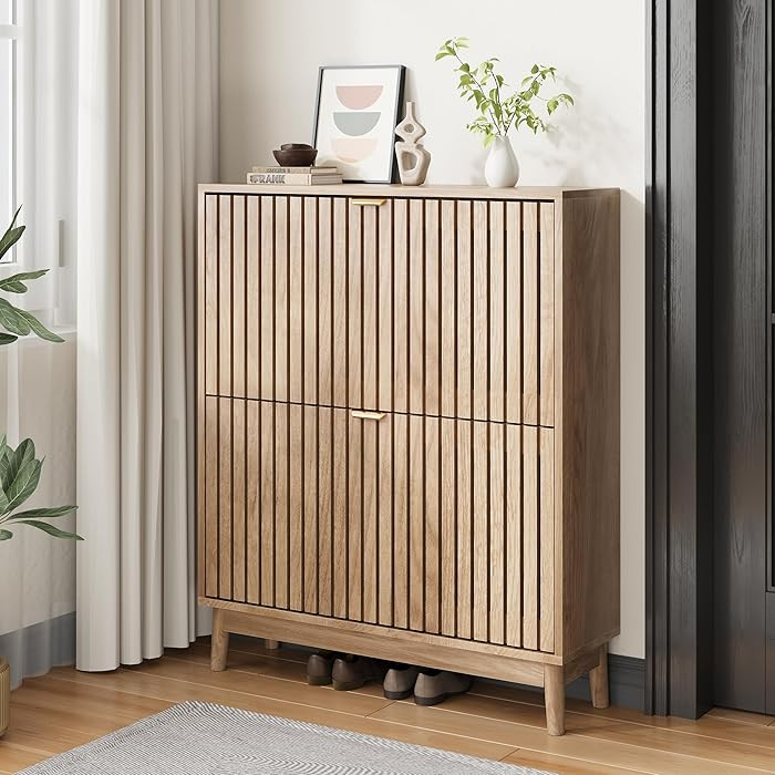 2 Flip Drawer Shoe Storage Cabinet, Wooden Shoe Organizer with Ventilated Slatted Doors for Entry... | Amazon (US)