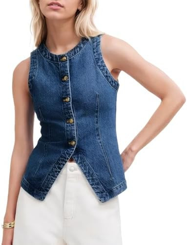 Women Denim Vest Sleeveless Crewneck Button Down Jean Waistcoat Casual Front Slit Slim Denim Tank... | Amazon (US)