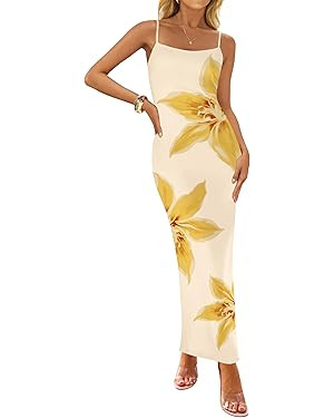 ZESICA Women’s Summer Bodycon Maxi Dresses 2026 Floral Spaghetti Strap Square Neck Sleeveless B... | Amazon (US)