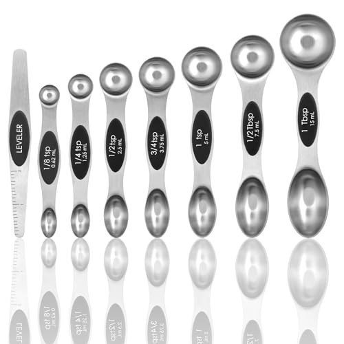 Magnetic Measuring Spoons Set of 8 with Leveler, Stainless Steel Metal Measuring Spoon, Dual Sided for Measuring Dry and Liquid Ingredients, Teaspoon Tablespoon Measure Spoons (Black) | Amazon (US)