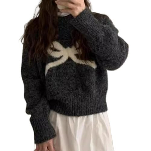 Women's Y2K Bow Print Sweater Casual Loose Fit Pullover Tops Long Sleeve Crew Neck Chunky Knit Jumpers Dark Grey | Amazon (US)