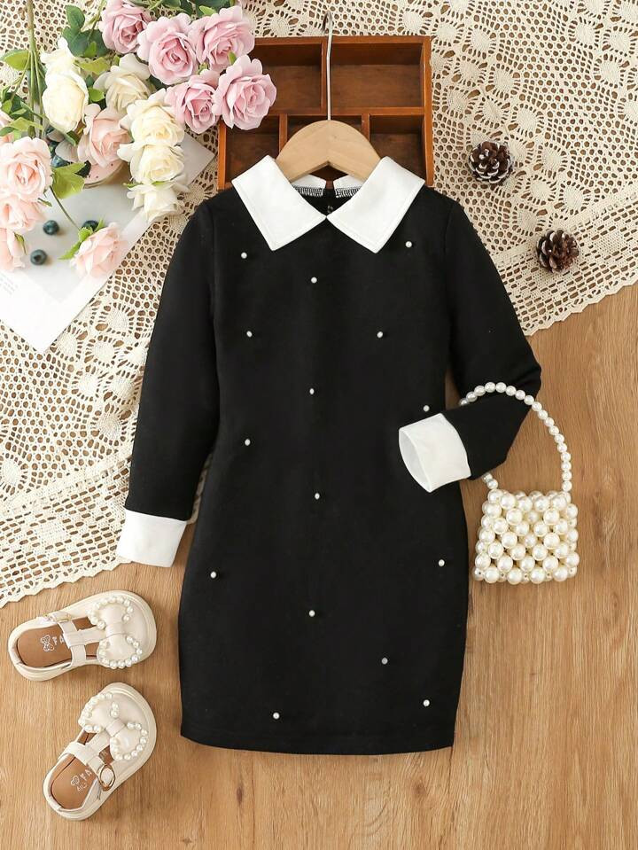 Young Girl Pearls Beaded Contrast Collar Dress | SHEIN