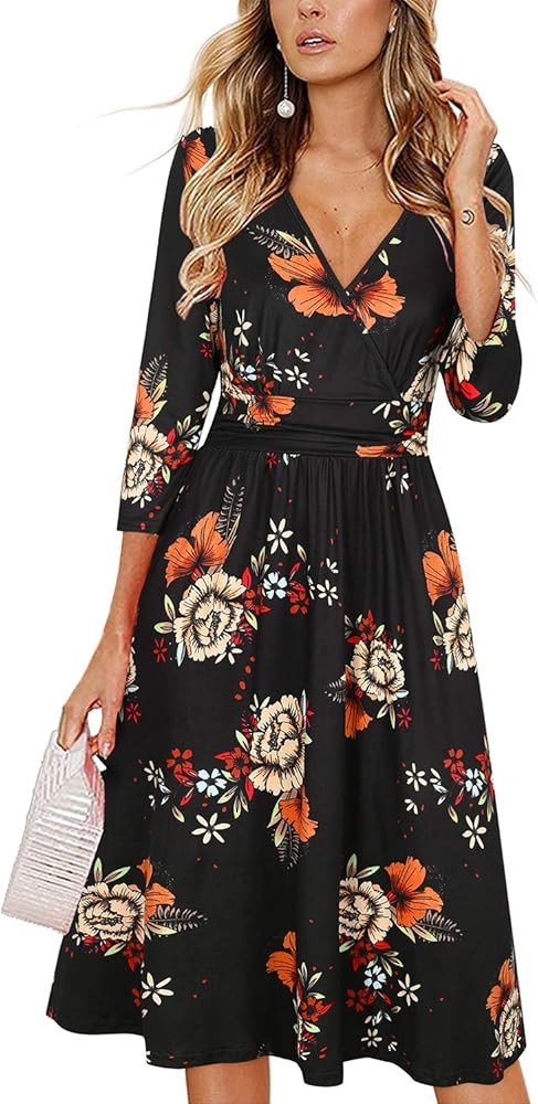 Newshows Women's 3/4 Sleeve V Neck Casual Faux Wrap Party Midi Dress with Pockets | Amazon (US)