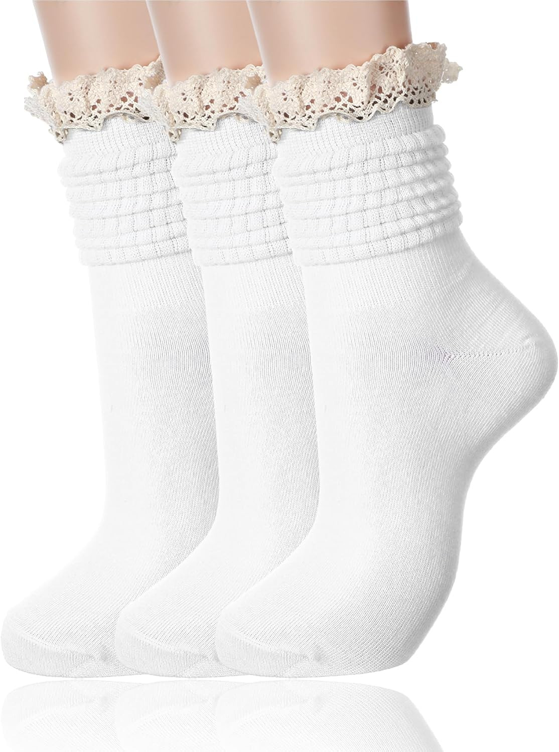 Fourluoo 3 Pair Cotton Knee High Lace Boot Socks for Women | Amazon (US)