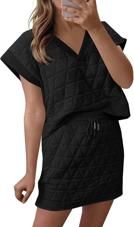 Fisoew Womens Argyle 2 Piece Outfits Skirt Sets Short Sleeve V Neck Tops and Casual Mini Skirts L... | Amazon (US)