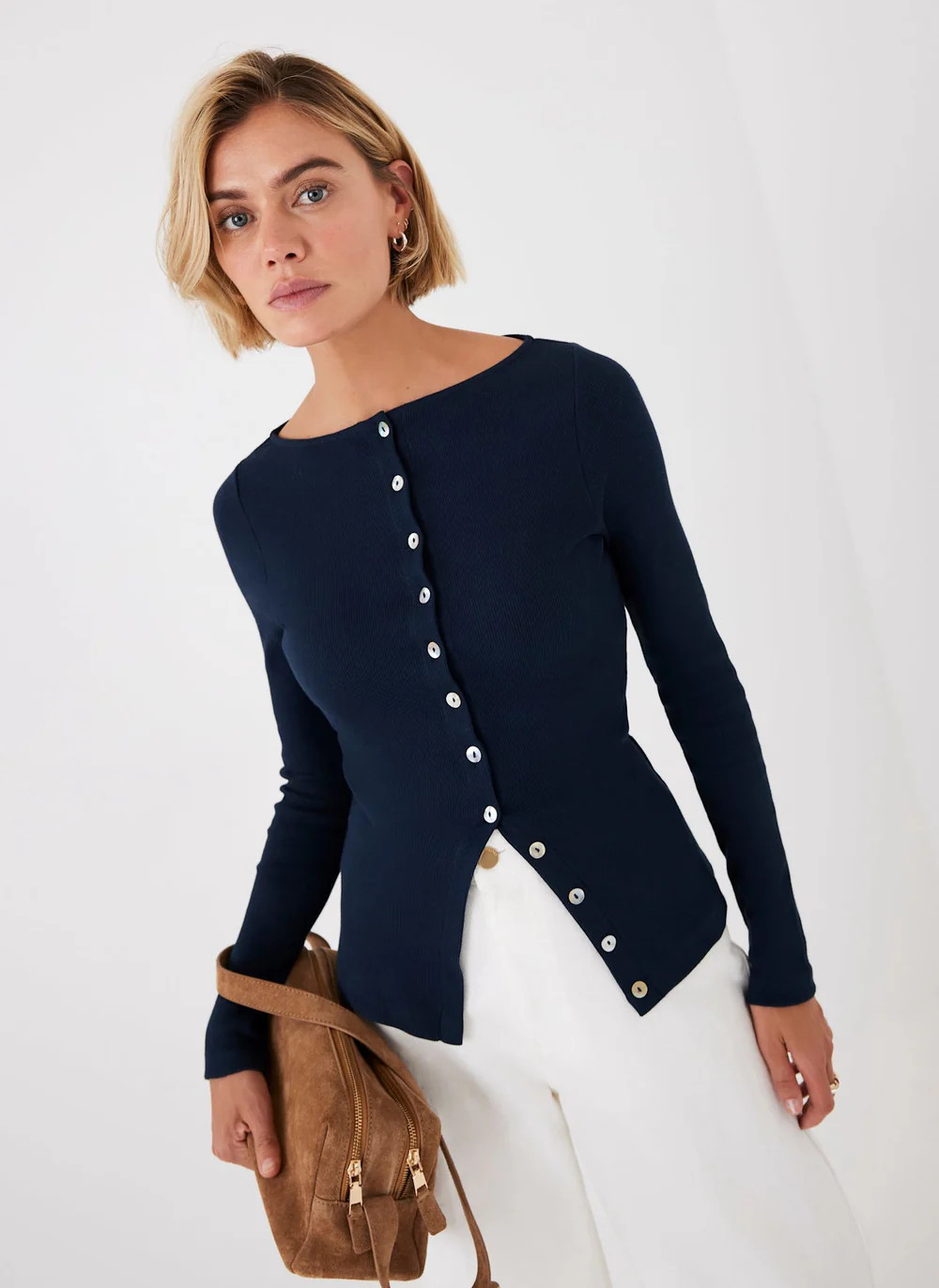 Navy Cotton Blend Button Detail Top | Mint Velvet