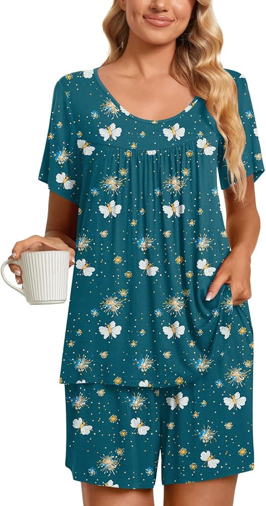 TAOHUADAO 2 Piece Women's Short Sleeve Pajama Sets, Lounge Sleepwear Ladies Pjs Sets with Pockets | Amazon (US)