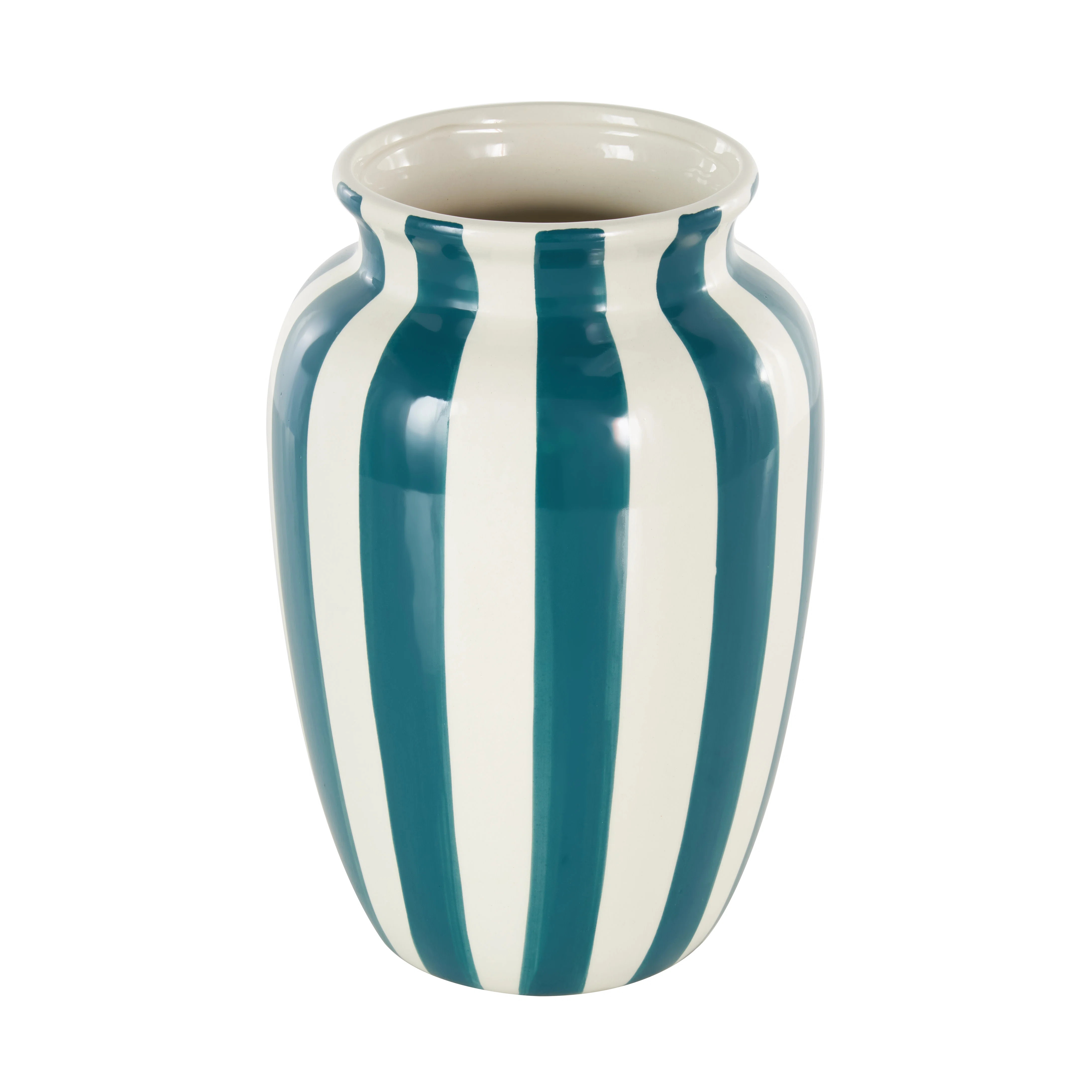 Cole And Grey Ceramic Round Wide Decorative Vase With Teal Vertical Stripes | Wayfair North America