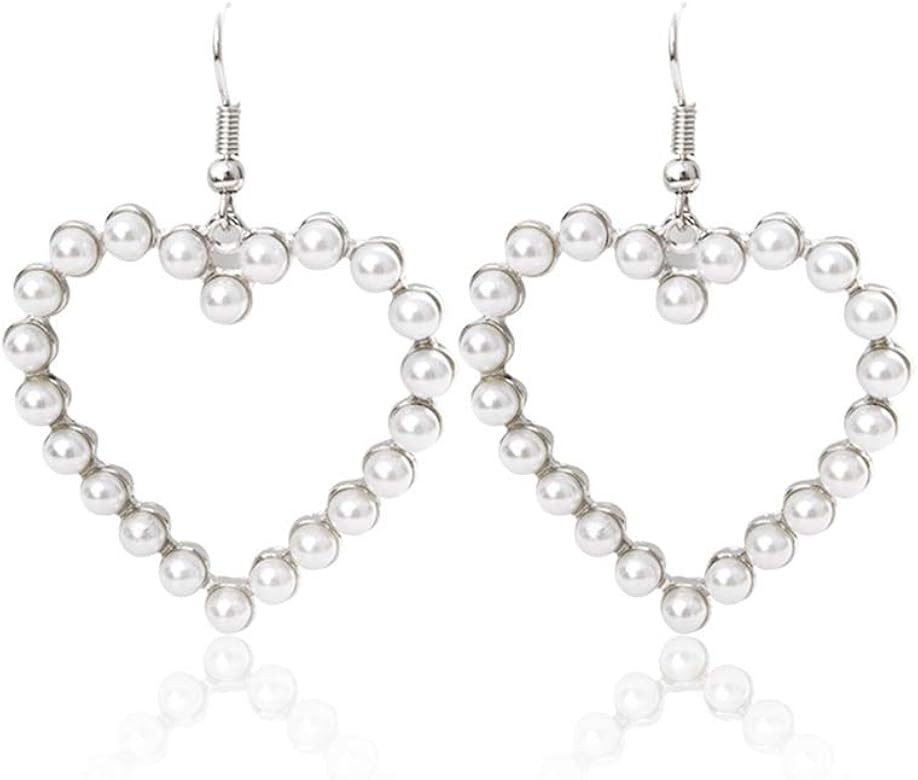 Sweet Love Heart Simulate Pearl Drop Dangle Earrings Women Party Wedding Earrings | Amazon (US)