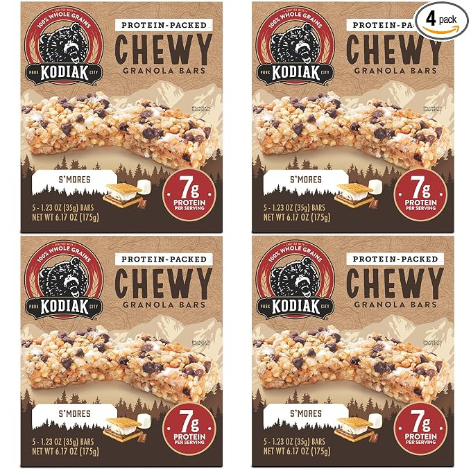 Kodiak Cakes Chewy Granola Snack Bars, S'mores, High Protein, 100% Whole Grains, Pack of 4 (20 ba... | Amazon (US)