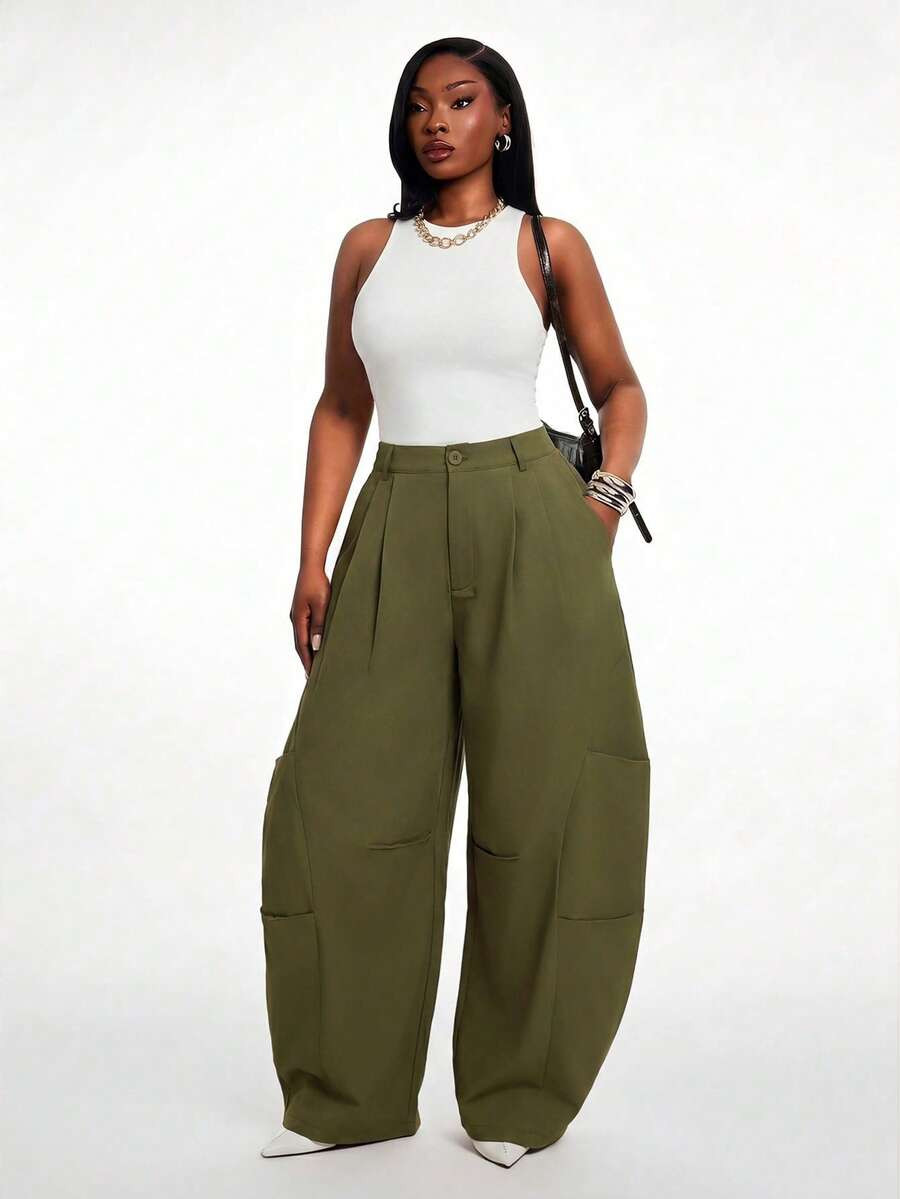 Radiana Plus Size Women's Spring/Summer Casual Olive Green Barrel Leg Pants, Suitable For Leisure... | SHEIN