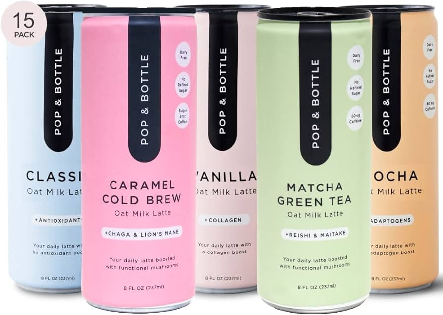 Pop & Bottle - Oat Milk Cold Brew Lattes | 15 Pack (8 oz) Ultimate Sampler Pack | Maca, Antioxida... | Amazon (US)