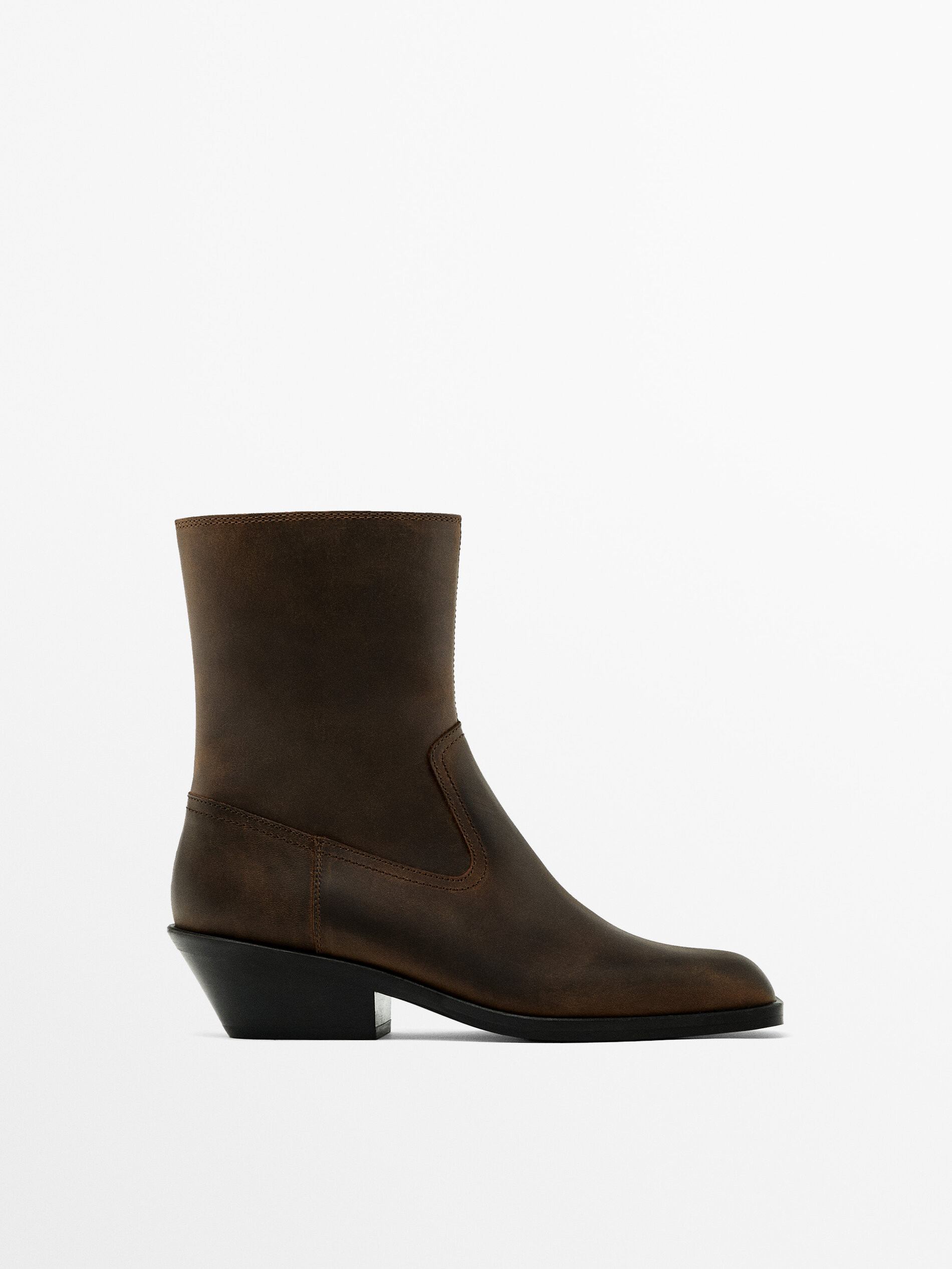 Heeled square-toe ankle boots  £189.00 Made with cowhide leather. Aged finish. Inner zip fasteni... | Massimo Dutti UK