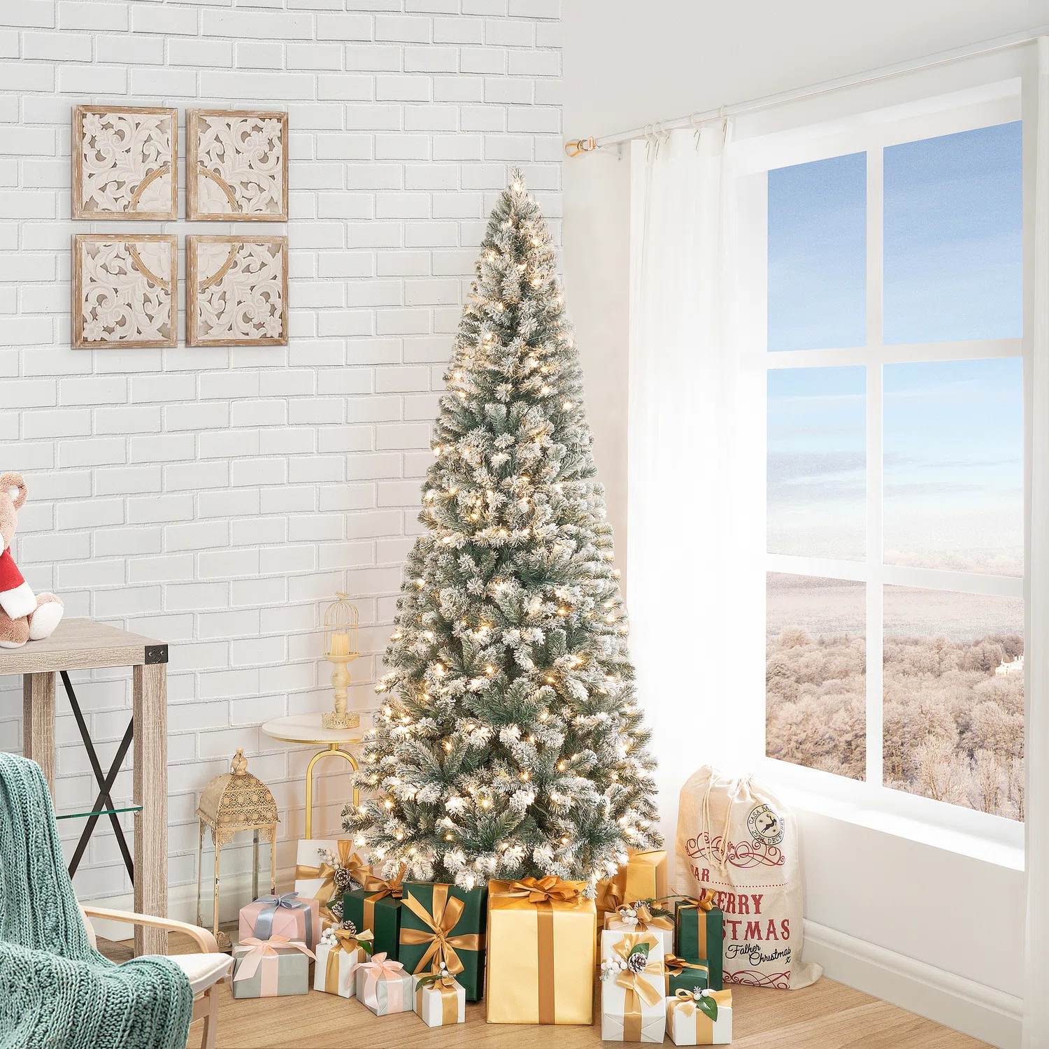 The Holiday Aisle® Traditional White Snow Flocked Warm Lighted, Frosted Prelit Christmas Tree & ... | Wayfair North America
